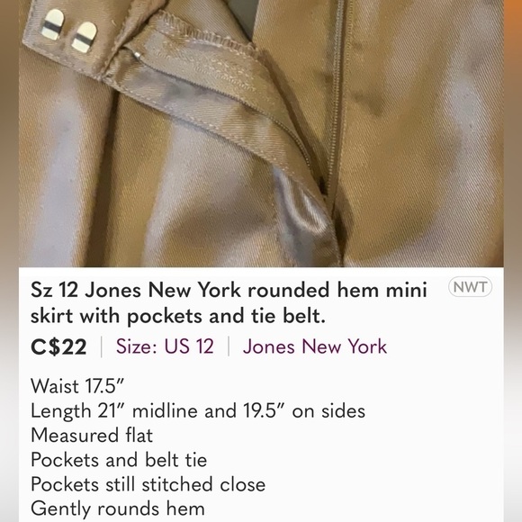 Jones New York sz 12 brown rounded hem mini skirt with pockets and tie belt - Picture 7 of 7